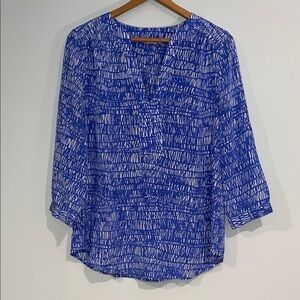 ELLIE KAI 100% Silk 3/4 Sleeve V-Neck Blouse Tunic Patterned Blue Womens 10